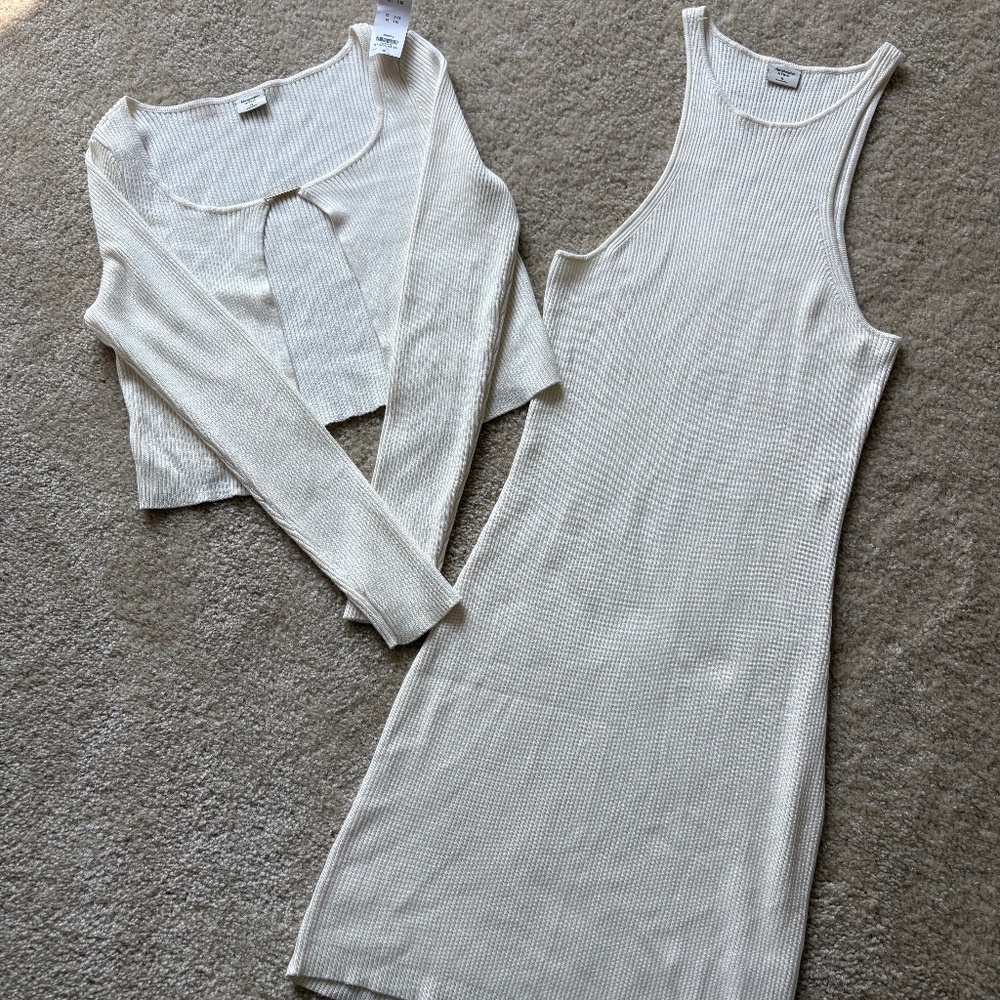 Mini Sweater Dress and Scuba Cardigan Set - Cream color